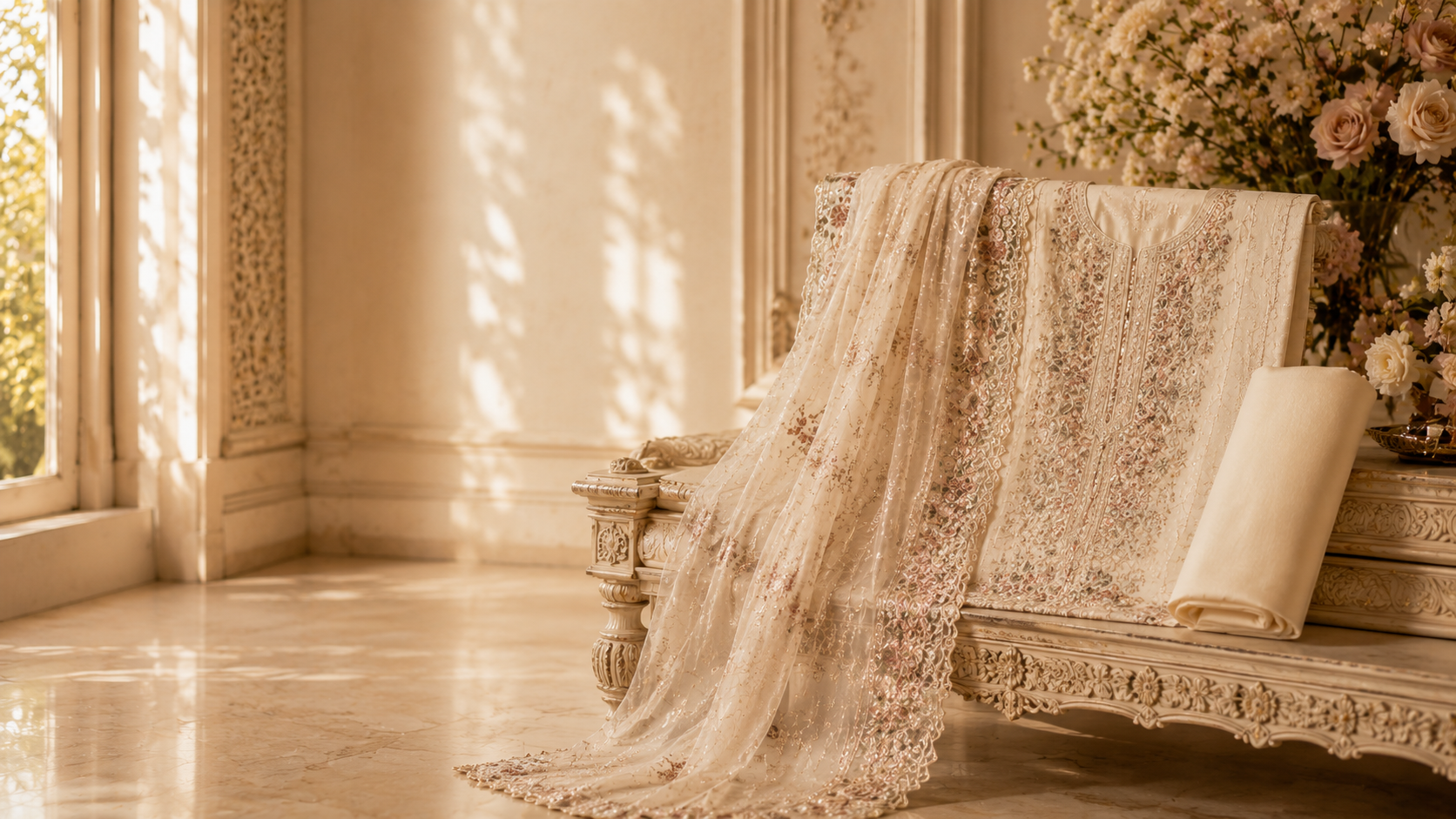 Illyoon luxury unstitched suit with embroidered shirt, matching trouser fabric, and sheer embellished dupatta in a premium Pakistani heritage setting.