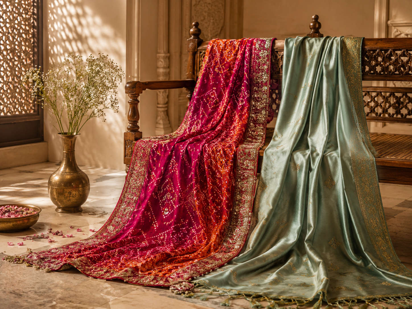 Bandhani and silk dupattas in rich magenta, orange, and sage green, draped on a traditional wooden bench with gold borders and heritage brass accents.