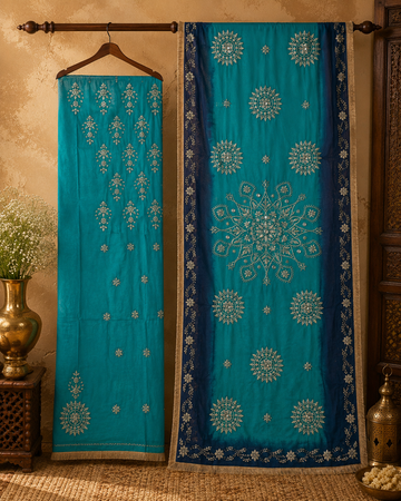 Feroza teal navy embroidered 2 piece suit with shirt and dupatta for formal wear