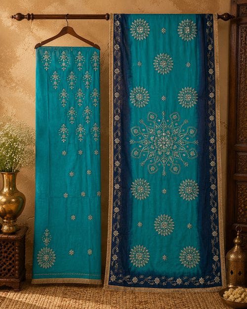 Feroza teal navy embroidered 2 piece suit with shirt and dupatta for formal wear