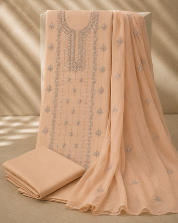 Gul peach embroidered 3 piece suit with silver detailing and organza dupatta