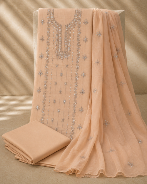 Gul peach embroidered 3 piece suit with silver detailing and organza dupatta