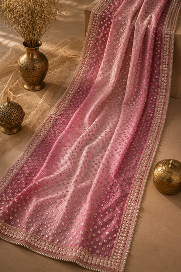 Gulabi rose pink hand-embroidered organza dupatta with mirror work for wedding wear