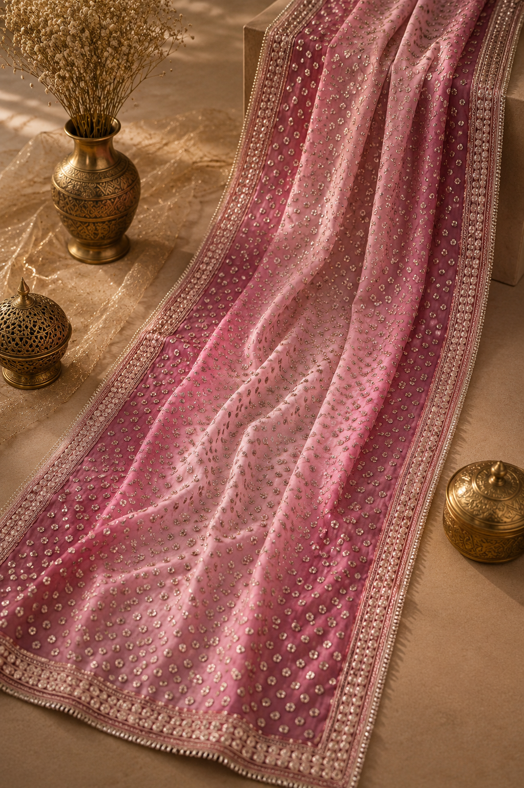 Gulabi rose pink hand-embroidered organza dupatta with mirror work for wedding wear