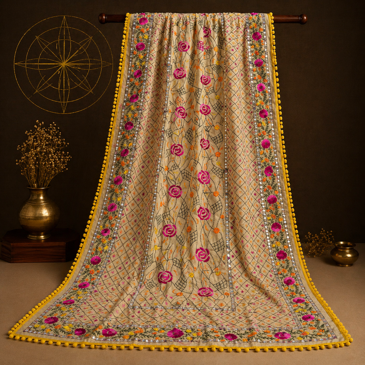 Bahaar Mustard Hand-Embroidered Dupatta in mustard multicolor khaddar cotton by Illyoon