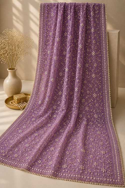 Banafsha Lilac Embroidered Dupatta in lilac chiffon by Illyoon