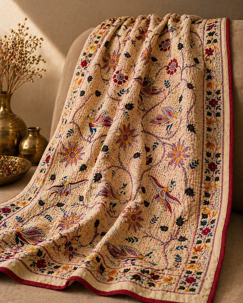 Bulbul Cream Tussar Silk Shawl in cream tussar silk by Illyoon