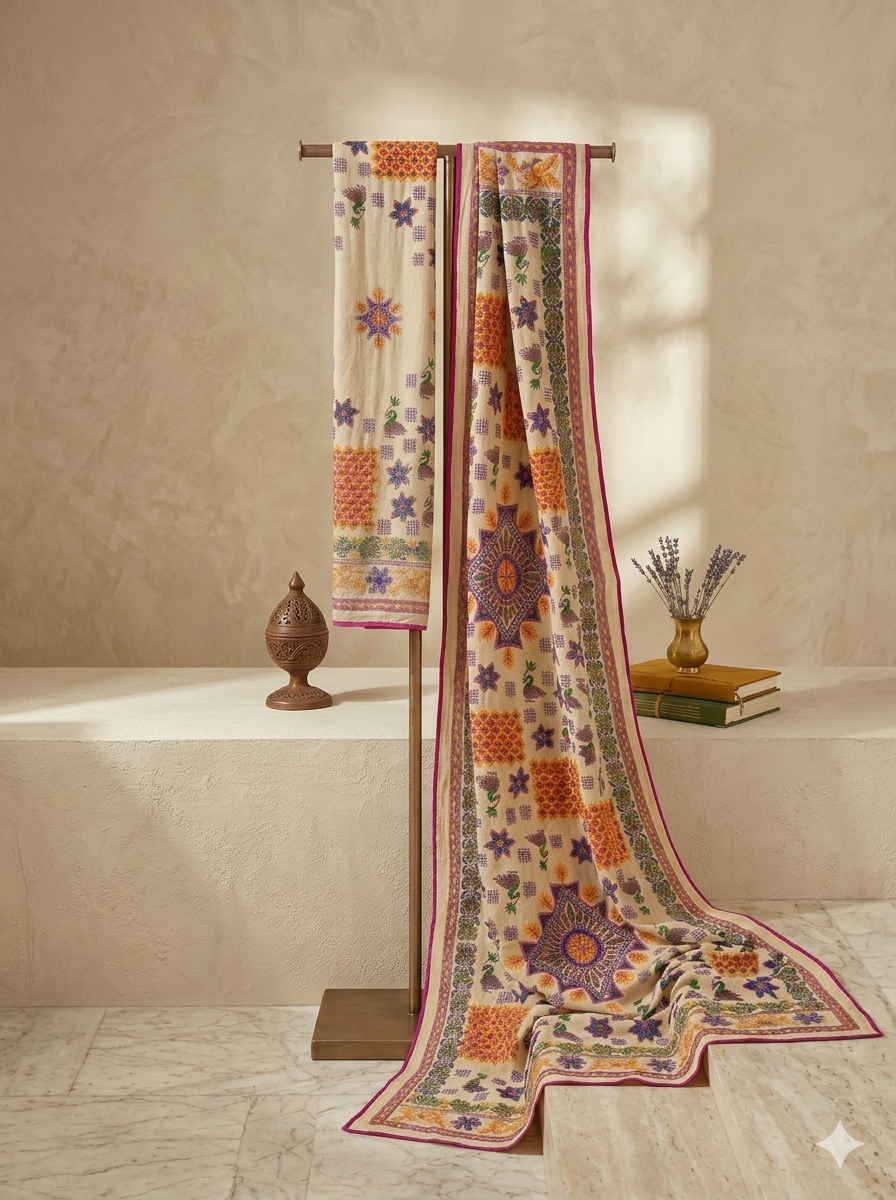 Mori Sindhi Hand-Embroidered Dupatta in beige multi cotton by Illyoon