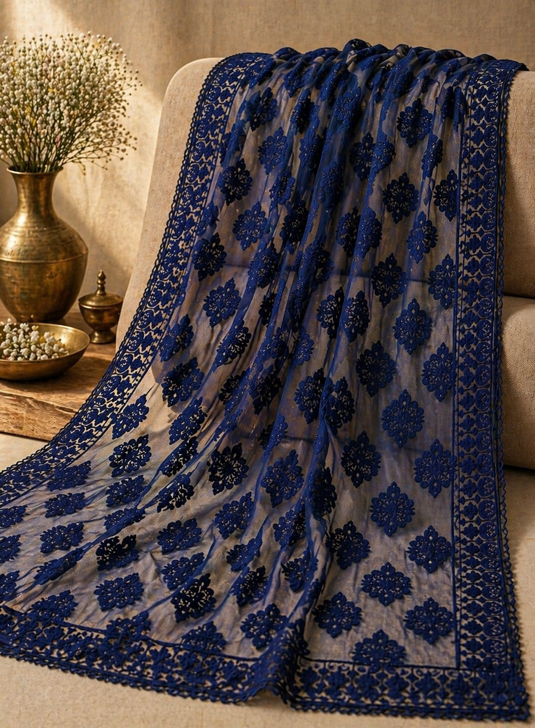 Neelam Royal Blue Embroidered Dupatta in royal blue net by Illyoon