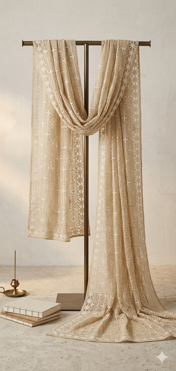 Sabaa Beige Embroidered Suit in beige net by Illyoon