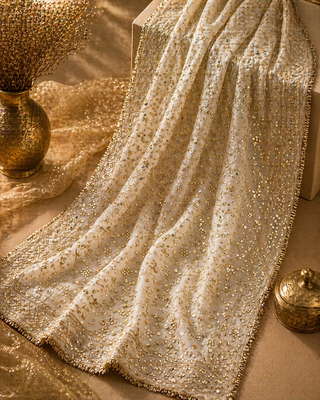 Shahana Ivory Hand-Embroidered Dupatta in ivory champagne tissue organza by Illyoon