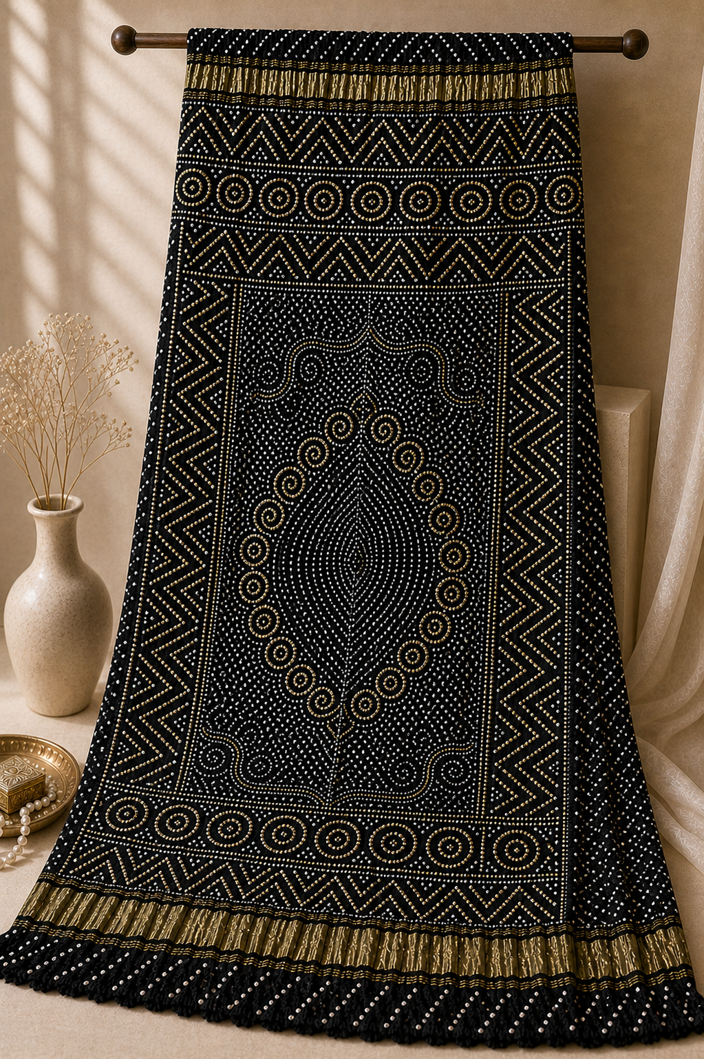 Sindhi Black Hand-Embroidered Dupatta in black gold silk by Illyoon