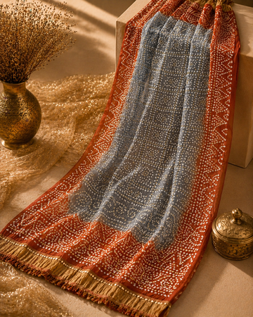 Narangi rust orange and grey bandhani gajji silk dupatta styled for mehndi and festive wear