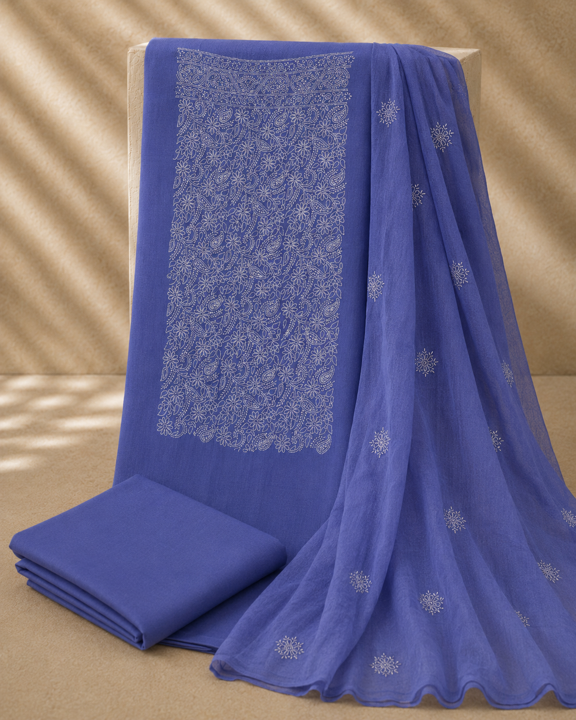 Neel royal blue embroidered 3 piece suit with chiffon dupatta for festive wear