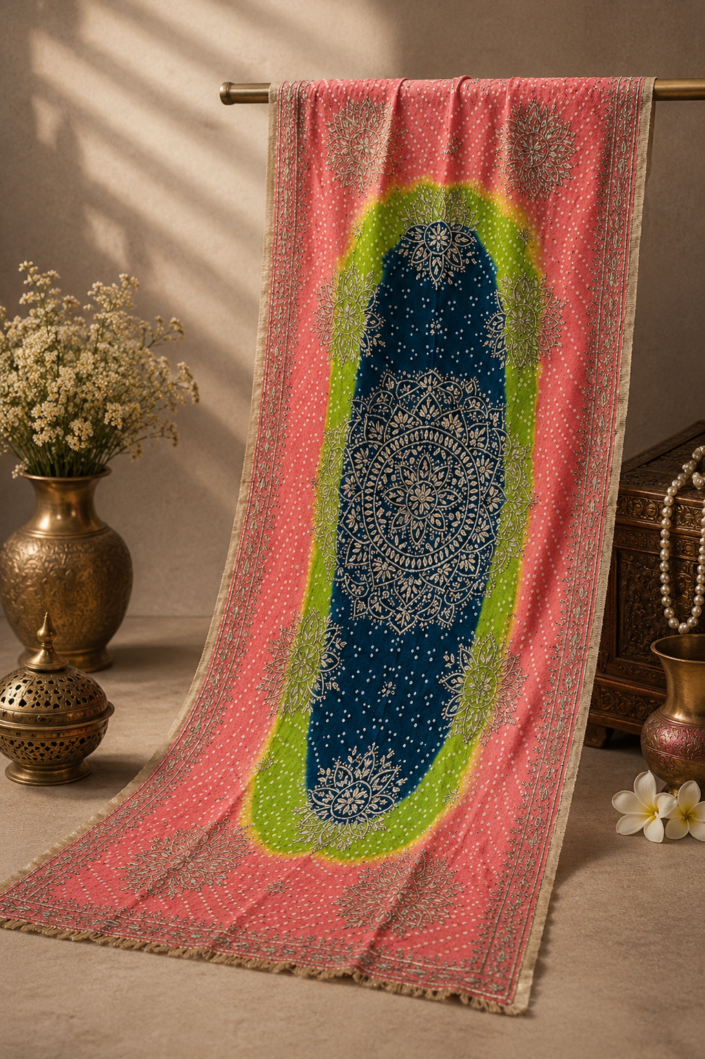 Rangoli coral blue green hand-embroidered dupatta with traditional motif design