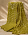 Zaitoon olive green embroidered 3 piece suit with floral organza dupatta