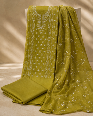 Zaitoon olive green embroidered 3 piece suit with floral organza dupatta