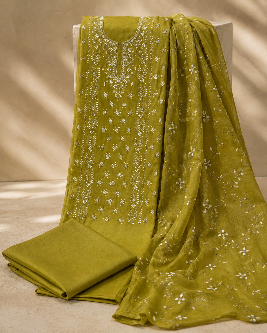 Zaitoon olive green embroidered 3 piece suit with floral organza dupatta